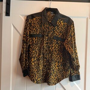 Vintage Women’s Silk Leopard Blouse with Leather Accents